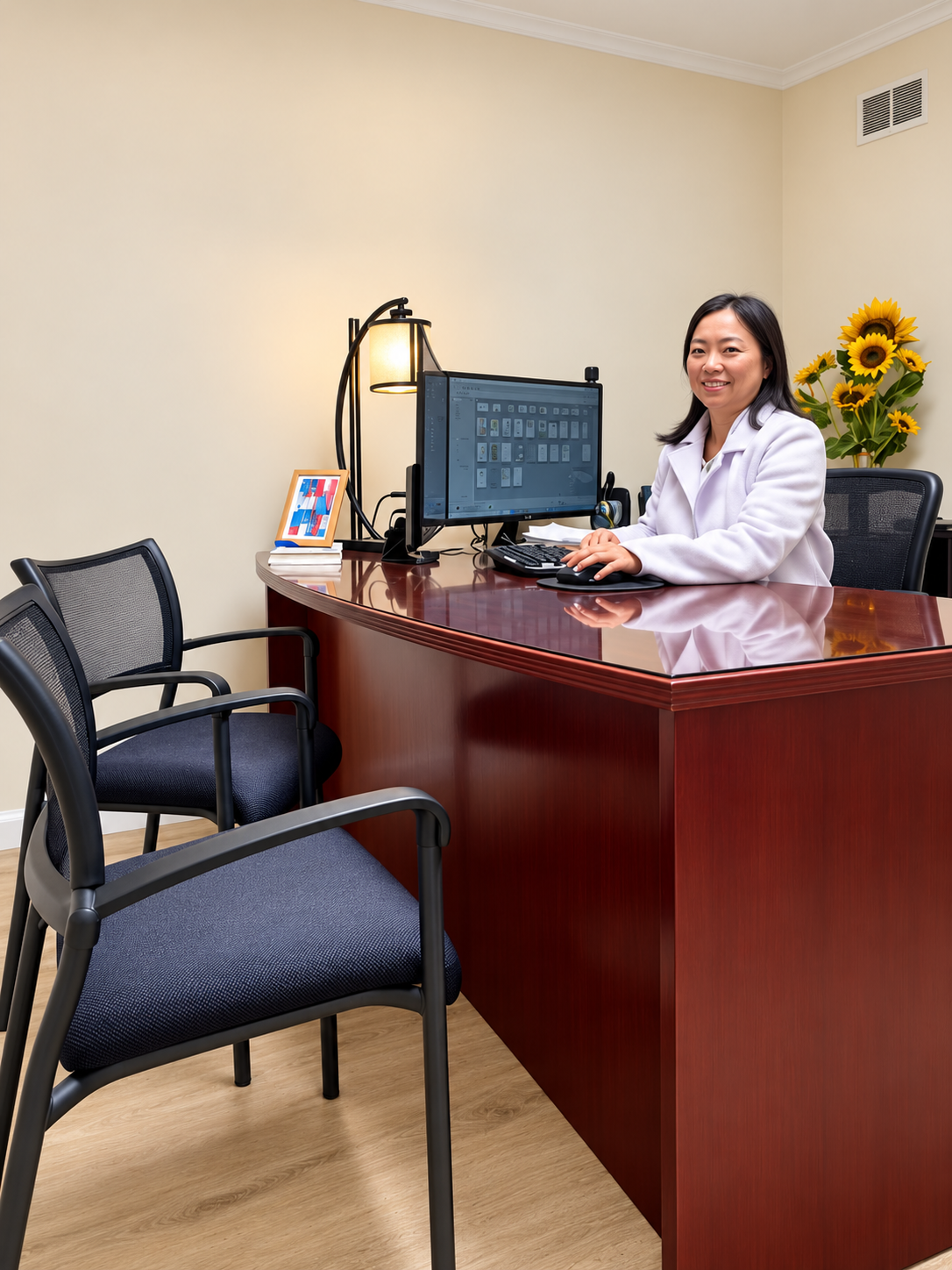 Joy Cai smiling at her desk in her Daly City insurance office